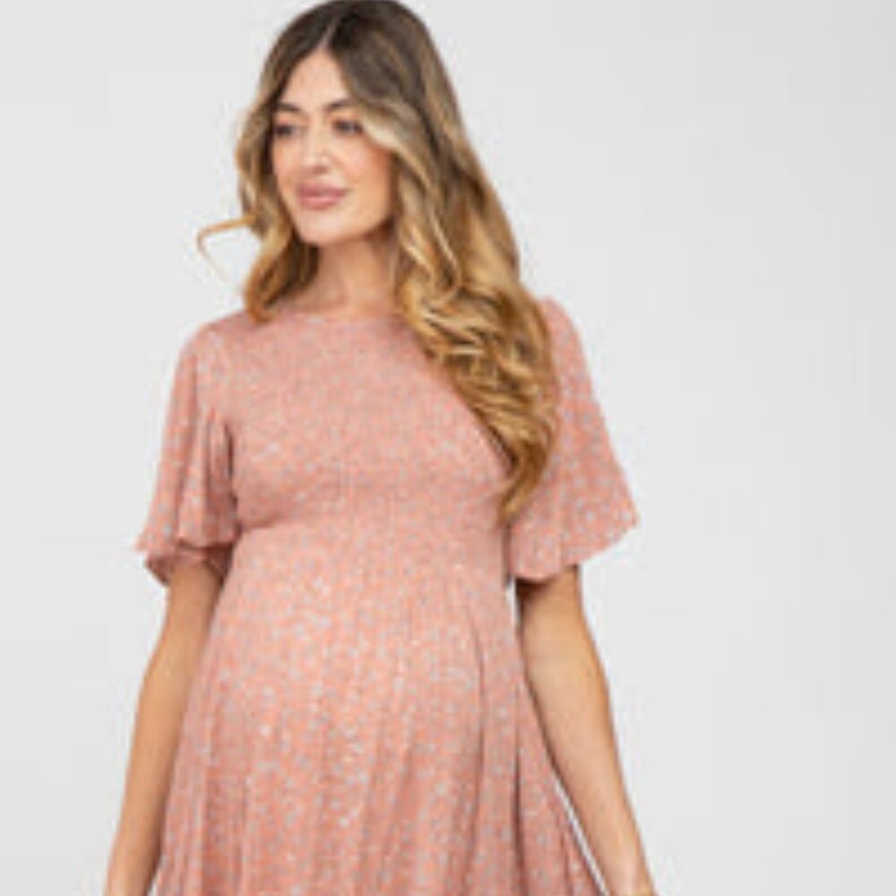 Mauve Floral Smocked Ruffle Maternity Dress